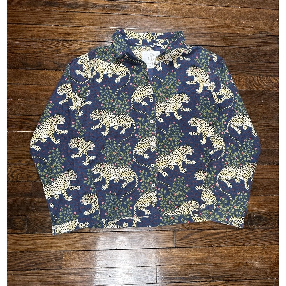 Print Fresh Pajama Shirt Womens Medium Blue Organic‎ Cotton Button Tiger Leopard